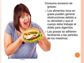 Consumo excesivo de
grasas:
 Los alimentos ricos en
grasa pueden general
obstrucciones debido a
su densidad y que el
cuerpo debe trabajar el
doble para digerirlos.
 Las grasas se adhieren
facilmente a las paredes
de los intestinos.
13. Obesidad
 