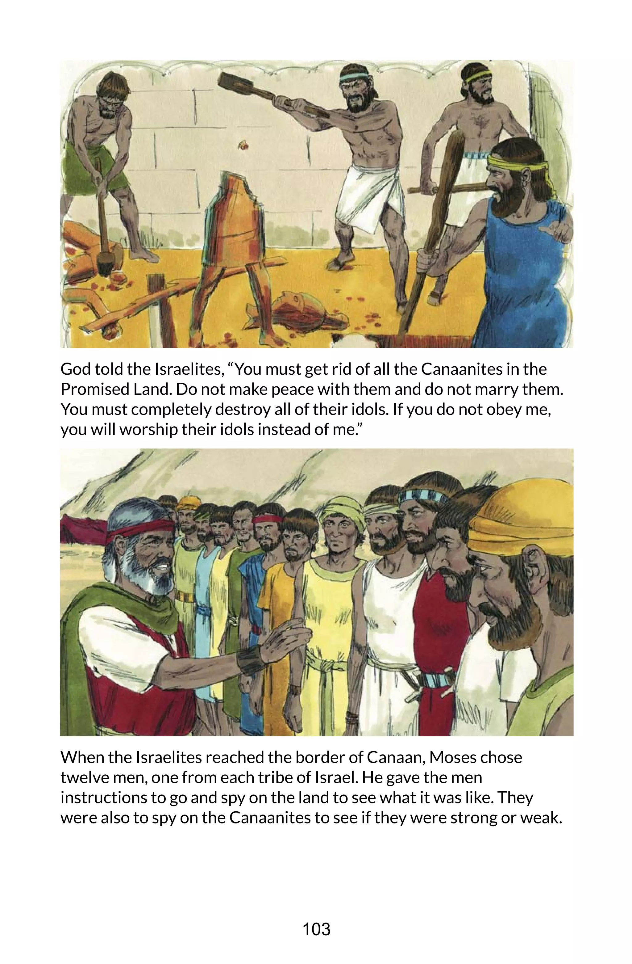 God told the Israelites, “You must get rid of all the Canaanites in the
Promised Land. Do not make peace with them and do not marry them.
You must completely destroy all of their idols. If you do not obey me,
you will worship their idols instead of me.”
When the Israelites reached the border of Canaan, Moses chose
twelve men, one from each tribe of Israel. He gave the men
instructions to go and spy on the land to see what it was like. They
were also to spy on the Canaanites to see if they were strong or weak.
103
 