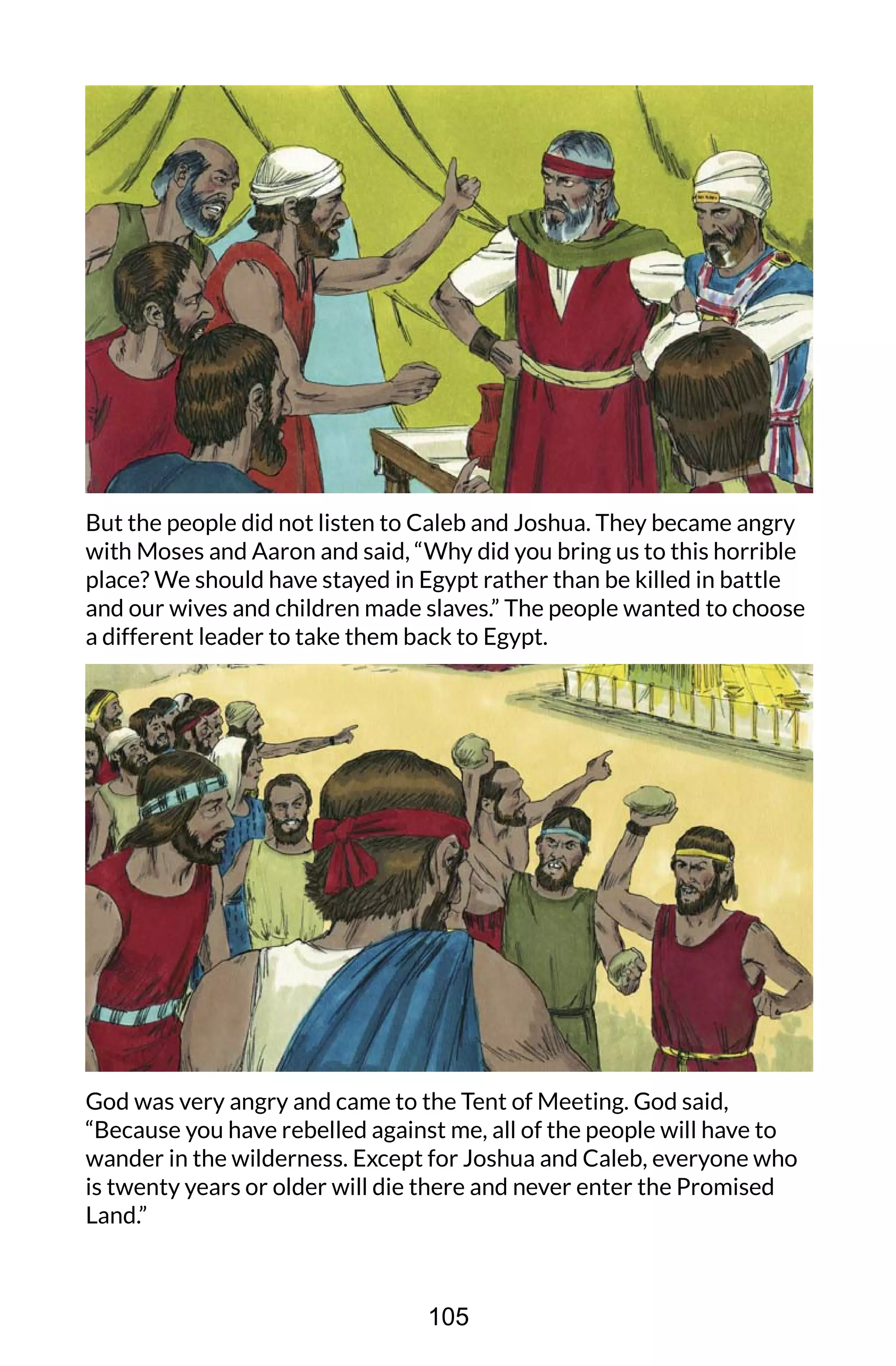 But the people did not listen to Caleb and Joshua. They became angry
with Moses and Aaron and said, “Why did you bring us to this horrible
place? We should have stayed in Egypt rather than be killed in battle
and our wives and children made slaves.” The people wanted to choose
a different leader to take them back to Egypt.
God was very angry and came to the Tent of Meeting. God said,
“Because you have rebelled against me, all of the people will have to
wander in the wilderness. Except for Joshua and Caleb, everyone who
is twenty years or older will die there and never enter the Promised
Land.”
105
 