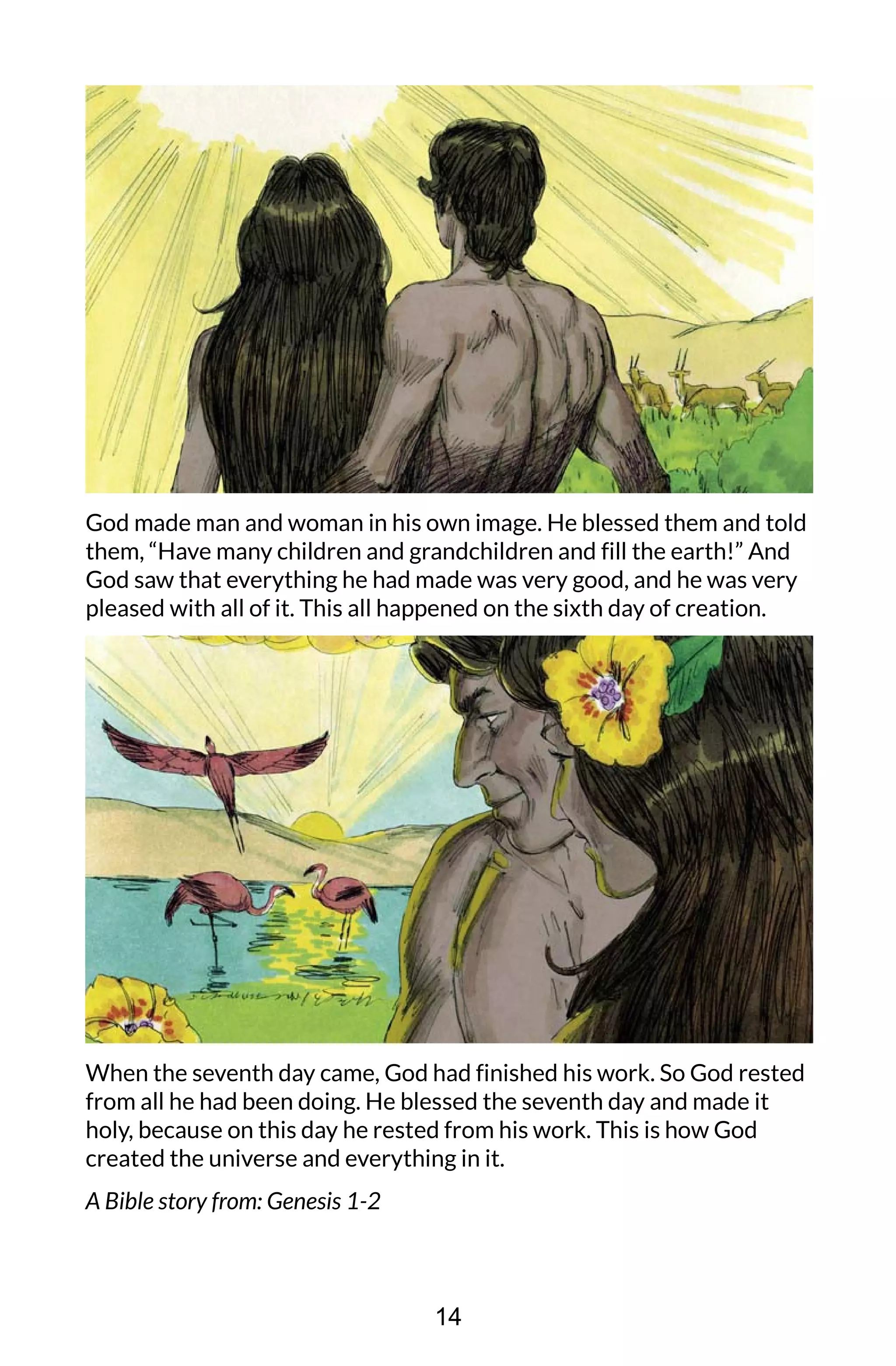 God made man and woman in his own image. He blessed them and told
them, “Have many children and grandchildren and fill the earth!” And
God saw that everything he had made was very good, and he was very
pleased with all of it. This all happened on the sixth day of creation.
When the seventh day came, God had finished his work. So God rested
from all he had been doing. He blessed the seventh day and made it
holy, because on this day he rested from his work. This is how God
created the universe and everything in it.
A Bible story from: Genesis 1-2
14
 