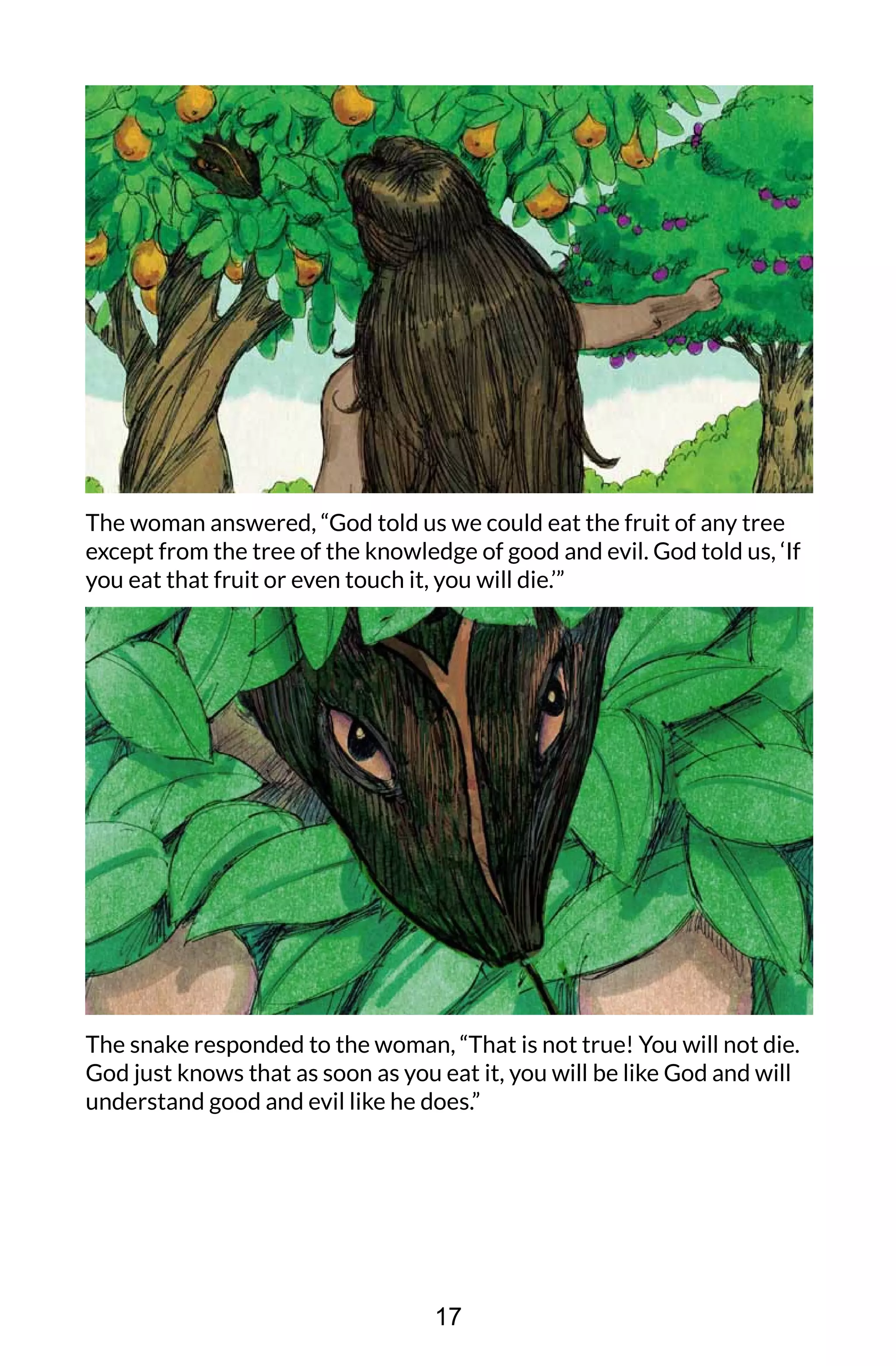 The woman answered, “God told us we could eat the fruit of any tree
except from the tree of the knowledge of good and evil. God told us, ‘If
you eat that fruit or even touch it, you will die.’”
The snake responded to the woman, “That is not true! You will not die.
God just knows that as soon as you eat it, you will be like God and will
understand good and evil like he does.”
17
 