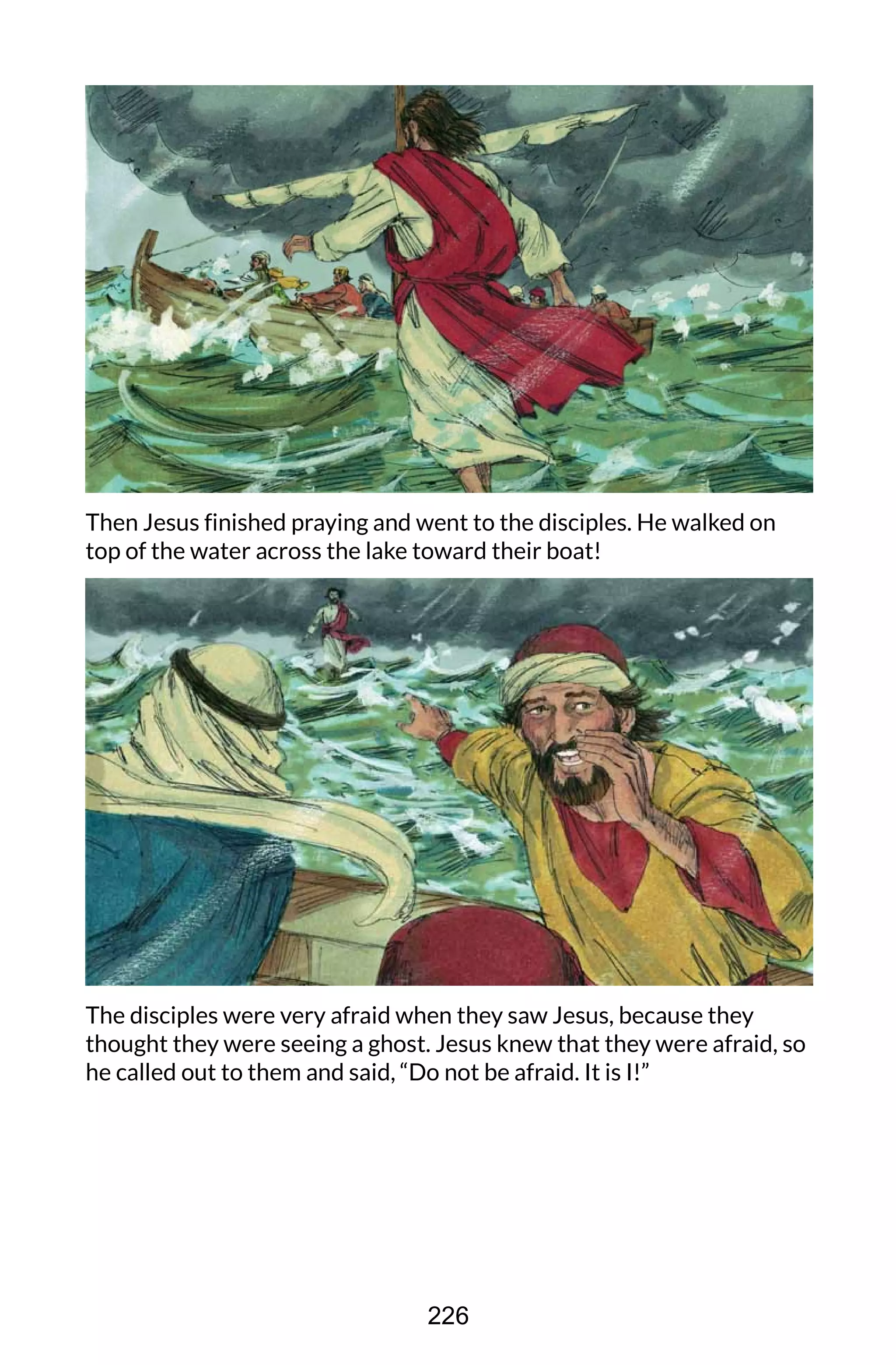 Then Jesus finished praying and went to the disciples. He walked on
top of the water across the lake toward their boat!
The disciples were very afraid when they saw Jesus, because they
thought they were seeing a ghost. Jesus knew that they were afraid, so
he called out to them and said, “Do not be afraid. It is I!”
226
 