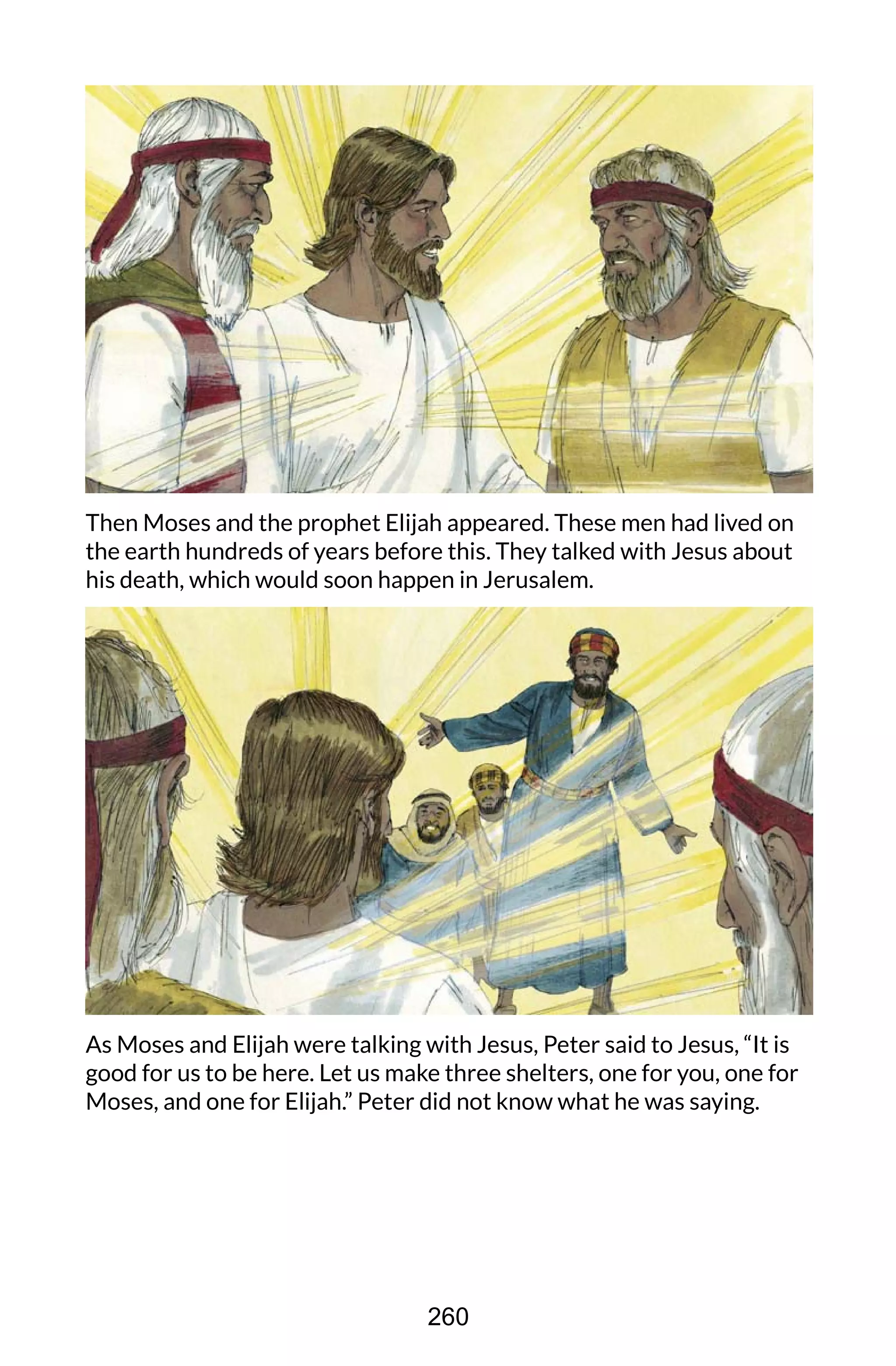 Then Moses and the prophet Elijah appeared. These men had lived on
the earth hundreds of years before this. They talked with Jesus about
his death, which would soon happen in Jerusalem.
As Moses and Elijah were talking with Jesus, Peter said to Jesus, “It is
good for us to be here. Let us make three shelters, one for you, one for
Moses, and one for Elijah.” Peter did not know what he was saying.
260
 