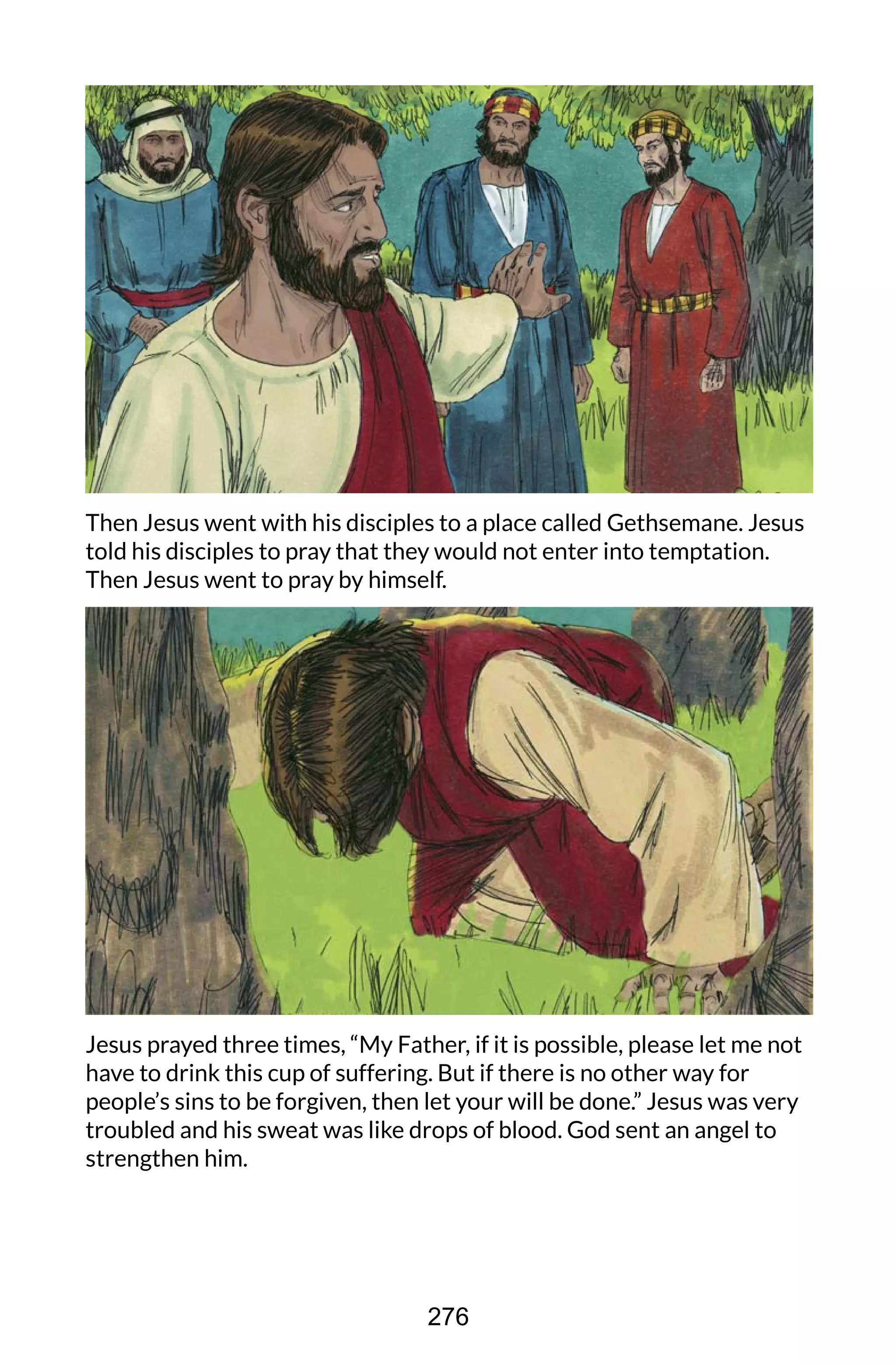 Then Jesus went with his disciples to a place called Gethsemane. Jesus
told his disciples to pray that they would not enter into temptation.
Then Jesus went to pray by himself.
Jesus prayed three times, “My Father, if it is possible, please let me not
have to drink this cup of suffering. But if there is no other way for
people’s sins to be forgiven, then let your will be done.” Jesus was very
troubled and his sweat was like drops of blood. God sent an angel to
strengthen him.
276
 