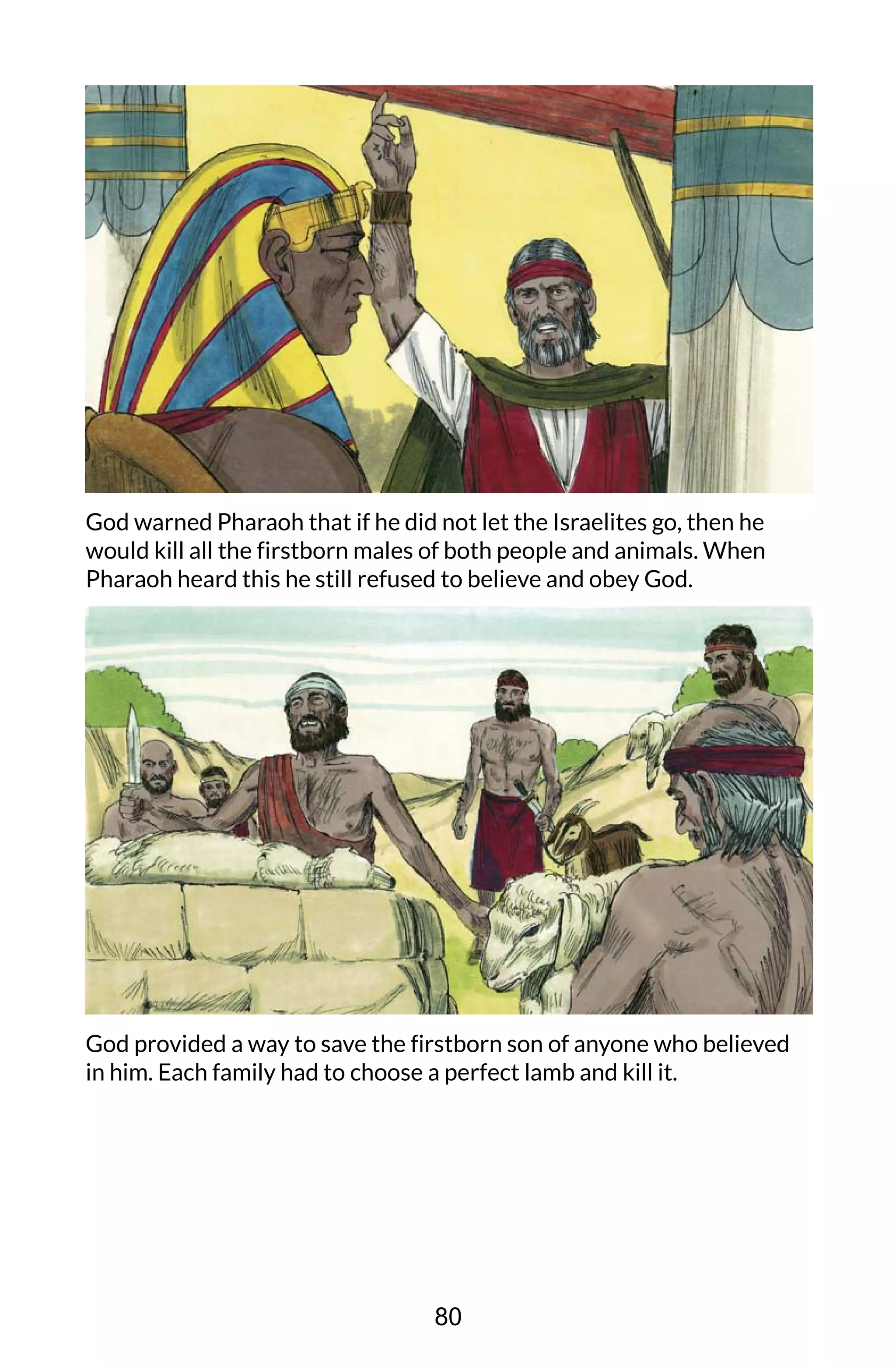 God warned Pharaoh that if he did not let the Israelites go, then he
would kill all the firstborn males of both people and animals. When
Pharaoh heard this he still refused to believe and obey God.
God provided a way to save the firstborn son of anyone who believed
in him. Each family had to choose a perfect lamb and kill it.
80
 