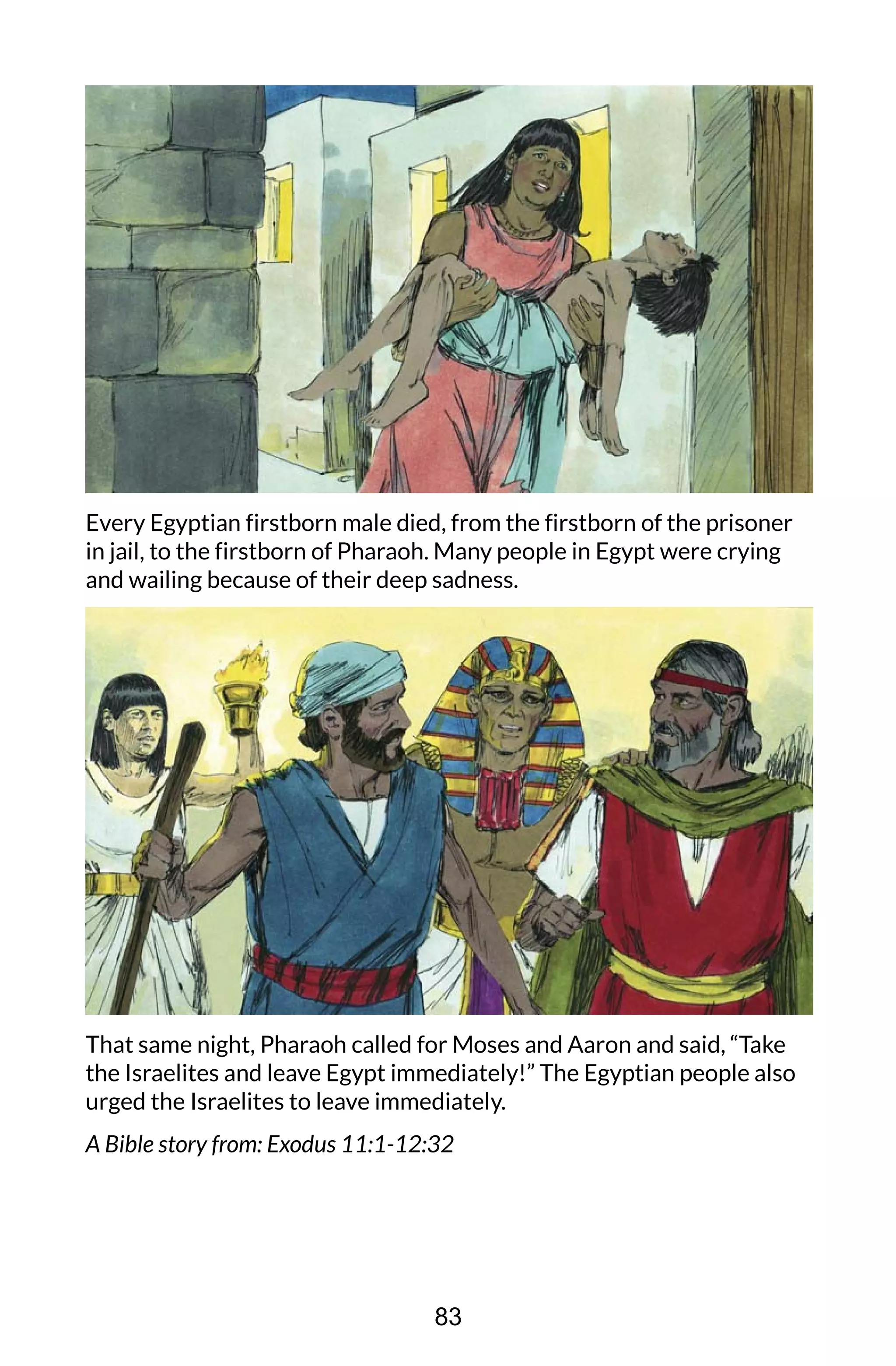 Every Egyptian firstborn male died, from the firstborn of the prisoner
in jail, to the firstborn of Pharaoh. Many people in Egypt were crying
and wailing because of their deep sadness.
That same night, Pharaoh called for Moses and Aaron and said, “Take
the Israelites and leave Egypt immediately!” The Egyptian people also
urged the Israelites to leave immediately.
A Bible story from: Exodus 11:1-12:32
83
 