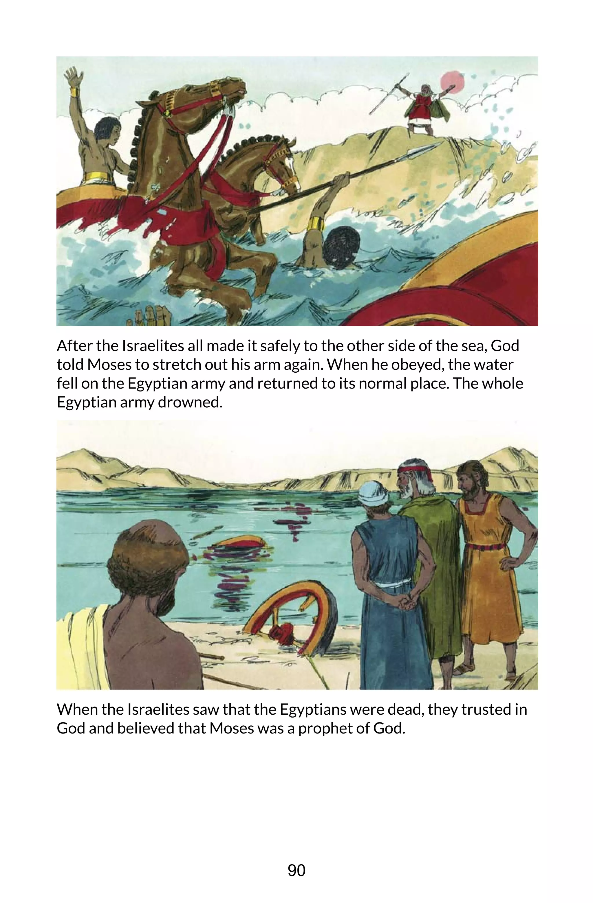 After the Israelites all made it safely to the other side of the sea, God
told Moses to stretch out his arm again. When he obeyed, the water
fell on the Egyptian army and returned to its normal place. The whole
Egyptian army drowned.
When the Israelites saw that the Egyptians were dead, they trusted in
God and believed that Moses was a prophet of God.
90
 