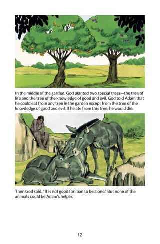 In the middle of the garden, God planted two special trees—the tree of
life and the tree of the knowledge of good and evil. God told Adam that
he could eat from any tree in the garden except from the tree of the
knowledge of good and evil. If he ate from this tree, he would die.
Then God said, “It is not good for man to be alone.” But none of the
animals could be Adam’s helper.
12
 