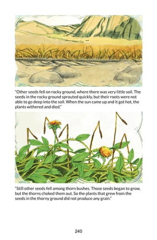 “Other seeds fell on rocky ground, where there was very little soil. The
seeds in the rocky ground sprouted quickly, but their roots were not
able to go deep into the soil. When the sun came up and it got hot, the
plants withered and died.”
“Still other seeds fell among thorn bushes. Those seeds began to grow,
but the thorns choked them out. So the plants that grew from the
seeds in the thorny ground did not produce any grain.”
240
 