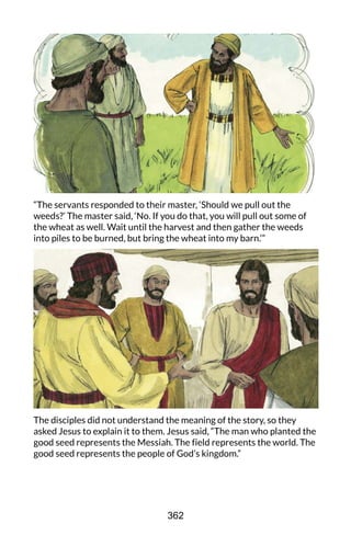 “The servants responded to their master, ‘Should we pull out the
weeds?’ The master said, ‘No. If you do that, you will pull out some of
the wheat as well. Wait until the harvest and then gather the weeds
into piles to be burned, but bring the wheat into my barn.’”
The disciples did not understand the meaning of the story, so they
asked Jesus to explain it to them. Jesus said, “The man who planted the
good seed represents the Messiah. The field represents the world. The
good seed represents the people of God’s kingdom.”
362
 