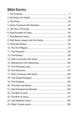 Bible Stories
1. The Creation..............................................................................7
2. Sin Enters the World................................................................16
3. The Flood.................................................................................23
4. God’s Covenant with Abraham................................................32
5. The Son of Promise.................................................................38
6. God Provides for Isaac............................................................44
7. God Blessed Jacob..................................................................49
8. God Saves Joseph and His Family.........................................55
9. God Calls Moses.....................................................................64
10. The Ten Plagues...................................................................73
11. The Passover.........................................................................80
12. The Exodus............................................................................85
13. God’s Covenant with Israel....................................................93
14. Wandering in the Wilderness...............................................102
15. The Promised Land.............................................................111
16. The Deliverers.....................................................................119
17. God’s Covenant with David.................................................129
18. The Divided Kingdom..........................................................137
19. The Prophets.......................................................................145
20. The Exile and Return...........................................................155
21. God Promises the Messiah.................................................163
22. The Birth of John.................................................................172
23. The Birth of Jesus................................................................177
24. John Baptizes Jesus............................................................183
25. Satan Tempts Jesus............................................................189
4
 