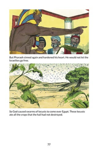 But Pharaoh sinned again and hardened his heart. He would not let the
Israelites go free.
So God caused swarms of locusts to come over Egypt. These locusts
ate all the crops that the hail had not destroyed.
77
 