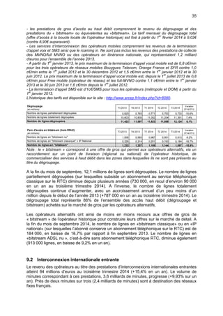 35
- les prestations de gros d’accès au haut débit comprennent le revenu du dégroupage et des
prestations du « bitstream» ou équivalentes au «bitstream». Le tarif mensuel du dégroupage total
(offre d’accès à la boucle locale de l’opérateur historique) est fixé à partir du 1
er
février 2014 à 9,02€
(contre 8,90€ auparavant).
- Les services d’interconnexion des opérateurs mobiles comprennent les revenus de la terminaison
d’appel voix et SMS ainsi que le roaming in. Ne sont pas inclus les revenus des prestations de collecte
des MVNO/full MVNO ou des opérateurs en itinérance nationale, qui représentaient 1,2 milliard
d‘euros pour l’ensemble de l’année 2013.
- A partir du 1
er
janvier 2013, le prix maximum de la terminaison d’appel vocal mobile est de 0,8 c€/min
pour les trois opérateurs de réseaux mobiles Bouygues Telecom, Orange France et SFR contre 1,0
c€/min entre le 1
er
juillet 2012 et le 30 décembre 2012 et 1,5 c€/min entre le 1
er
janvier 2012 et le 30
juin 2012. Le prix maximum de la terminaison d’appel vocal mobile est, depuis le 1
er
juillet 2013 de 0,8
c€/min pour Free mobile (opérateur de réseau) et les full-MVNO contre 1,1 c€/min entre le 1
er
janvier
2013 et le 30 juin 2013 et 1,6 c€/min depuis le 1
er
juillet 2012.
- La terminaison d’appel SMS est d’1c€/SMS pour tous les opérateurs (métropole et DOM) à partir du
1
er
janvier 2013.
L’historique des tarifs est disponible sur le site : http://www.arcep.fr/index.php?id=8080.
Note : le « bitstream » correspond à une offre de gros qui permet aux opérateurs alternatifs, via un
raccordement sur un point de livraison (régional ou national) de l’opérateur historique, de
commercialiser des services à haut débit dans les zones dans lesquelles ils ne sont pas présents au
titre du dégroupage.
A la fin du mois de septembre, 12,1 millions de lignes sont dégroupées. Le nombre de lignes
partiellement dégroupées (sur lesquelles subsiste un abonnement au service téléphonique
classique sur le RTC) diminue depuis plusieurs années (730 000, en recul d’environ 90 000
en un an au troisième trimestre 2014). A l’inverse, le nombre de lignes totalement
dégroupées continue d’augmenter, avec un accroissement annuel d’un peu moins d’un
million depuis le début de l’année 2013 (+787 000 en un an au troisième trimestre 2014). Le
dégroupage total représente 86% de l’ensemble des accès haut débit (dégroupage et
bitstream) achetés sur le marché de gros par les opérateurs alternatifs.
Les opérateurs alternatifs ont ainsi de moins en moins recours aux offres de gros de
« bitstream » de l’opérateur historique pour construire leurs offres sur le marché de détail. A
la fin du mois de septembre 2014, le nombre de lignes en «bitstream classique» ou en «IP
national» (sur lesquelles l’abonné conserve un abonnement téléphonique sur le RTC) est de
184 000, en baisse de 18,7% par rapport à fin septembre 2013. Le nombre de lignes en
«bitstream ADSL nu », c’est-à-dire sans abonnement téléphonique RTC, diminue également
(913 000 lignes, en baisse de 9,2% en un an).
9.2 Interconnexion internationale entrante
Le revenu des opérateurs au titre des prestations d’interconnexions internationales entrantes
atteint 64 millions d’euros au troisième trimestre 2014 (+15,4% en un an). Le volume de
minutes correspondant à ces prestations, 3,6 milliards de minutes, progresse (+9,93% sur un
an). Près de deux minutes sur trois (2,4 milliards de minutes) sont à destination des réseaux
fixes français.
Dégroupage
(en millions)
T3 2013 T4 2013 T1 2014 T2 2014 T3 2014
Variation
3T14/3T13
Nombre de lignes partiellement dégroupées 0,820 0,793 0,771 0,753 0,733 -10,6%
Nombre de lignes totalement dégroupées 10,603 10,805 11,052 11,204 11,391 7,4%
Nombre de lignes dégroupées 11,423 11,597 11,823 11,958 12,124 6,1%
Parc d'accès en bitstream (hors DSLE)
(en millions)
T3 2013 T4 2013 T1 2014 T2 2014 T3 2014
Variation
3T14/3T13
Nombre de lignes en "bitstream nu" 1,006 0,993 0,967 0,951 0,913 -9,2%
Nombre de lignes en "bitstream classique" + IP National 0,226 0,214 0,201 0,193 0,184 -18,7%
Nombre de lignes en "bitstream" 1,232 1,207 1,169 1,144 1,097 -10,9%
 
