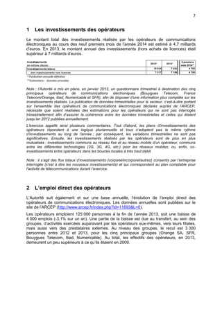 7
1 Les investissements des opérateurs
Le montant total des investissements réalisés par les opérateurs de communications
électroniques au cours des neuf premiers mois de l’année 2014 est estimé à 4,7 milliards
d’euros. En 2013, le montant annuel des investissements (hors achats de licences) était
supérieur à 7 milliards d’euros.
Note : l’Autorité a mis en place, en janvier 2013, un questionnaire trimestriel à destination des cinq
principaux opérateurs de communications électroniques (Bouygues Telecom, France
Telecom/Orange, Iliad, Numericable et SFR), afin de disposer d’une information plus complète sur les
investissements réalisés. La publication de données trimestrielles pour le secteur, c’est-à-dire portant
sur l’ensemble des opérateurs de communications électroniques déclarés auprès de l’ARCEP,
nécessite que soient réalisées des estimations pour les opérateurs qui ne sont pas interrogés
trimestriellement afin d’assurer la cohérence entre les données trimestrielles et celles qui étaient
jusqu’en 2012 publiées annuellement.
L’exercice appelle ainsi plusieurs commentaires. Tout d’abord, les plans d’investissements des
opérateurs répondent à une logique pluriannuelle et tous n’adoptent pas le même rythme
d’investissements au long de l’année ; par conséquent, les variations trimestrielles ne sont pas
significatives. Ensuite, les investissements réalisés par les opérateurs sont de plus en plus
mutualisés : investissements communs au réseau fixe et au réseau mobile d’un opérateur, communs
entre les différentes technologies (2G, 3G, 4G, etc.) pour les réseaux mobiles, ou, enfin, co-
investissements entre opérateurs dans les boucles locales à très haut débit.
Note : il s’agit des flux totaux d’investissements (corporel/incorporel/autres) consentis par l’entreprise
interrogée (c’est à dire les nouveaux investissements) et qui correspondent au plan comptable pour
l'activité de télécommunications durant l’exercice.
2 L’emploi direct des opérateurs
L’Autorité suit également et sur une base annuelle, l’évolution de l’emploi direct des
opérateurs de communications électroniques. Les données annuelles sont publiées sur le
site de l’ARCEP (http://www.arcep.fr/index.php?id=11693&L=0).
Les opérateurs emploient 125 000 personnes à la fin de l’année 2013, soit une baisse de
4 000 emplois (-3,1% sur un an). Une partie de la baisse est due au transfert, au sein des
groupes, d’activités exercées auparavant par les opérateurs eux-mêmes, vers leurs filiales,
mais aussi vers des prestataires externes. Au niveau des groupes, le recul est 3 300
personnes entre 2012 et 2013, pour les cinq principaux groupes (Orange SA, SFR,
Bouygues Telecom, Iliad, Numericable). Au total, les effectifs des opérateurs, en 2013,
demeurent un peu supérieurs à ce qu’ils étaient en 2009.
Investissements
en millions d'euros
2012* 2013*
9 premiers
mois 2014**
Investissements totaux 10 034 7 252 4 700
dont investissements hors licences 7 317 7 158 4 700
* Publication annuelle définitive
**Estimations - données arrondies
 