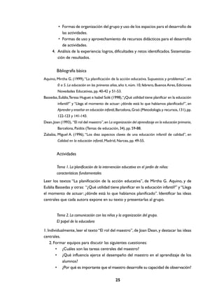 • Formas de organización del grupo y uso de los espacios para el desarrollo de
           las actividades.
        • Formas de uso y aprovechamiento de recursos didácticos para el desarrollo
           de actividades.
     4. Análisis de la experiencia: logros, dificultades y retos identificados. Sistematiza-
        ción de resultados.


        Bibliografía básica
Aquino, Mirtha G. (1999), “La planificación de la acción educativa. Supuestos y problemas”, en
         0 a 5. La educación en los primeros años, año II, núm. 10, febrero, Buenos Aires, Ediciones
         Novedades Educativas, pp. 40-42 y 51-53.
Bassedas, Eulàlia,Teresa Huguet e Isabel Solé (1998), “¿Qué utilidad tiene planificar en la educación
         infantil?” y “Llega el momento de actuar: ¿dónde está lo que habíamos planificado?”, en
         Aprender y enseñar en educación infantil, Barcelona, Graó (Metodología y recursos, 131), pp.
         122-123 y 141-143.
Dean, Joan (1993), “El rol del maestro”, en La organización del aprendizaje en la educación primaria,
         Barcelona, Paidós (Temas de educación, 34), pp. 59-88.
Zabalza, Miguel A. (1996), “Los diez aspectos claves de una educación infantil de calidad”, en
         Calidad en la educación infantil, Madrid, Narcea, pp. 49-55.


        Actividades

        Tema 1. La planificación de la intervención educativa en el jardín de niños:
        características fundamentales
Leer los textos “La planificación de la acción educativa”, de Mirtha G. Aquino, y de
Eulàlia Bassedas y otras: “¿Qué utilidad tiene planificar en la educación infantil?” y “Llega
el momento de actuar: ¿dónde está lo que habíamos planificado”. Identificar las ideas
centrales que cada autora expone en su texto y presentarlas al grupo.


        Tema 2. La comunicación con los niños y la organización del grupo.
        El papel de la educadora

1. Individualmente, leer el texto “El rol del maestro”, de Joan Dean, y destacar las ideas
centrales.
    2. Formar equipos para discutir las siguientes cuestiones:
        • ¿Cuáles son las tareas centrales del maestro?
        • ¿Qué influencia ejerce el desempeño del maestro en el aprendizaje de los
            alumnos?
        • ¿Por qué es importante que el maestro desarrolle su capacidad de observación?

                                                 25
 