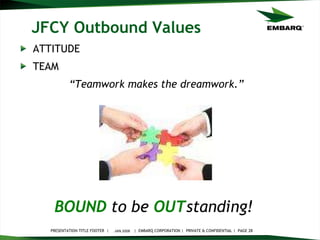 JFCY Outbound Values ATTITUDE TEAM “ Teamwork makes the dreamwork.” JAN 2008 BOUND   to be   OUT standing!   