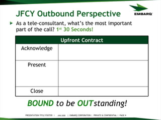 JFCY Outbound Perspective As a tele-consultant, what’s the most important part of the call?  1 st  30 Seconds! JAN 2008 BOUND   to be   OUT standing!   Close Present Acknowledge Upfront Contract 