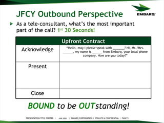 JFCY Outbound Perspective As a tele-consultant, what’s the most important part of the call?  1 st  30 Seconds! JAN 2008 BOUND   to be   OUT standing!   Close Present “ Hello, may I please speak with _______? Hi, Mr./Mrs. ______, my name is ______ from Embarq, your local phone company. How are you today?” Acknowledge Upfront Contract 