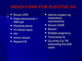 INDICATIONS FOR ELECTIVE CSINDICATIONS FOR ELECTIVE CS
 Known CPDKnown CPD
 Fetal macrosomiaFetal macrosomia >>
4500 gm4500 gm
 Placenta previaPlacenta previa
 VV fistula repairVV fistula repair
 HIVHIV
 Active herpesActive herpes
 Repeat CSRepeat CS
 Uterine surgery eg.Uterine surgery eg.
Hystrotomy,Hystrotomy,
myomectomymyomectomy
 Severe IUGRSevere IUGR
 BreechBreech
 Multiple pregnancyMultiple pregnancy
 Transverse lieTransverse lie
 Ca of the Cx/ TRCa of the Cx/ TR
obstructing the birthobstructing the birth
canalcanal
 