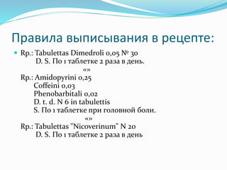 Правила выписывания в рецепте:
 Rp.: Tabulettas Dimedroli 0,05 № 30
D. S. По 1 таблетке 2 раза в день.
«»
Rp.: Amidopyrini 0,25
Coffeini 0,03
Phenobarbitali 0,02
D. t. d. N 6 in tabulettis
S. По 1 таблетке при головной боли.
«»
Rp.: Tabulettas "Nicoverinum" N 20
D. S. По 1 таблетке 2 раза в день
 