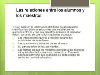 Las relaciones entre los alumnos y
los maestros
1. Con base en la información del diario de observación,
identificar las diversas relaciones que establecen los
alumnos entre sí y con sus maestros (incluido el educador
físico), tomando en cuenta los siguientes aspectos:
a) Las interacciones que se propician durante las
actividades de enseñanza
b) Las reacciones y actitudes de los alumnos.
c) Su participación en las actividades.
d) Las formas en que los maestros atienden a los intereses
e inquietudes de los alumnos, entre otros. Para esta
actividad conviene que el análisis de cada equipo se
centre en un nivel educativo.
 