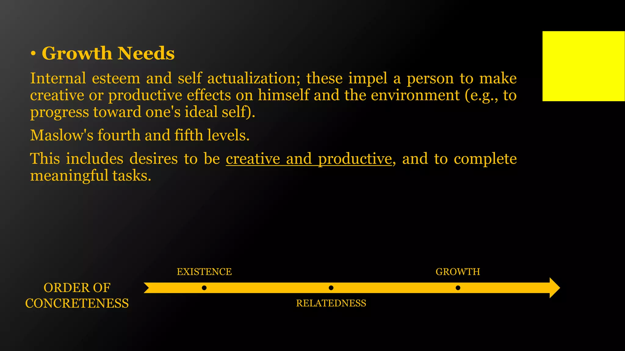 • Growth Needs
Internal esteem and self actualization; these impel a person to make
creative or productive effects on himself and the environment (e.g., to
progress toward one's ideal self).
Maslow's fourth and fifth levels.
This includes desires to be creative and productive, and to complete
meaningful tasks.
EXISTENCE
RELATEDNESS
GROWTH
ORDER OF
CONCRETENESS
 