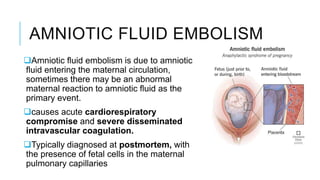 AMNIOTIC FLUID EMBOLISM
Amniotic fluid embolism is due to amniotic
fluid entering the maternal circulation,
sometimes there may be an abnormal
maternal reaction to amniotic fluid as the
primary event.
causes acute cardiorespiratory
compromise and severe disseminated
intravascular coagulation.
Typically diagnosed at postmortem, with
the presence of fetal cells in the maternal
pulmonary capillaries
 