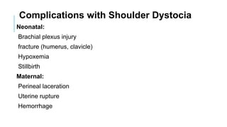 Complications with Shoulder Dystocia
Neonatal:
Brachial plexus injury
fracture (humerus, clavicle)
Hypoxemia
Stillbirth
Maternal:
Perineal laceration
Uterine rupture
Hemorrhage
 