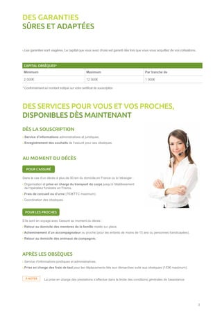 GARANTIE DE BASE
3
CAPITAL OBSÈQUES*
Minimum Maximum Par tranche de
2 000€ 12 000€ 1 000€
› Les garanties sont viagères. Le capital que vous avez choisi est garanti dès lors que vous vous acquittez de vos cotisations.
* Conformément au montant indiqué sur votre certificat de souscription
DÈS LA SOUSCRIPTION
DES GARANTIES
SÛRES ET ADAPTÉES
DES SERVICES POUR VOUS ET VOS PROCHES,
DISPONIBLES DÈS MAINTENANT
› Service d’informations administratives et juridiques.
› Enregistrement des souhaits de l’assuré pour ses obsèques.
AU MOMENT DU DÉCÈS
S’ils sont en voyage avec l’assuré au moment du décès :
› Retour au domicile des membres de la famille restés sur place.
› Acheminement d’un accompagnateur ou proche (pour les enfants de moins de 15 ans ou personnes handicapées).
› Retour au domicile des animaux de compagnie.
› Organisation et prise en charge du transport du corps jusqu’à l’établissement
de l’opérateur funéraire en France.
› Frais de cercueil ou d’urne (763€TTC maximum).
› Coordination des obsèques.
POUR L’ASSURÉ
POUR LES PROCHES
APRÈS LES OBSÈQUES
› Service d’informations juridiques et administratives.
› Prise en charge des frais de taxi pour les déplacements liés aux démarches suite aux obsèques (153€ maximum).
La prise en charge des prestations s’effectue dans la limite des conditions générales de l’assistance.À NOTER
Dans le cas d’un décès à plus de 50 km du domicile en France ou à l’étranger :
 