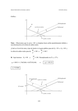 DIEGO FERNANDO SATIZABAL GARCIA                                                FUNCION LINEAL




Gráfica :

                         i

                                                                            LM desplazado
                                  IS

                                         E2(781.64 ,0.8421)                 LM inicial




                                                                                  y
                                                         E1(834 , 0.1425)


Nota : Observamos que la curva LM se desplaza hacia arriba (paralelamente) debido a
una disminución en la oferta de saldos reales.

¿Cuál es el nivel de renta y tipo de interés si el gasto público pasa de Go = 50 a Go = 80 y
                                    M               M
la oferta de saldos reales pasa de     = 180 a         = 140 ?
                                     p               p

                                       M
R/ Aquí tenemos Go = 80       y          = 140. Reemplazando en (*) y (**) :
                                       p

 yE = 589.5 + 1.7467(80) + 0.87335(140)          →            yE = 851.51


  iE = 0.3644



                         i

                              IS desplazada                                 LM desplazado
                                              E2(851.51 ,0.3644)
                                                                            LM inicial


            IS inicial


                                                                                  y
                                                         E1(834 , 0.1425)




                                               153
 