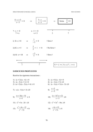 DIEGO FERNANDO SATIZABAL GARCIA                                                              INECUACIONES




     4− x+3                             7−x                                           a
            < 0             ⇒               < 0                  →      forma           <0
      x−3                               x−3                                           b



7-x = 0                     x-3 = 0
  7=x                         x=3                            3                         7


                                7
i) Si x = 0         ⇒              < 0             ! Sirve !
                                −3

                                2
ii) Si x = 5        ⇒             = 1    > 0       ! No Sirve !
                                2

                                −3
iii) Si x = 10      ⇒              < 0             ! Sirve !
                                7



               3                         7                       S = ( - ∞, 3 ) ∪ ( 7 , + ∞ )


EJERCICIOS PROPUESTOS

Resolver las siguientes inecuaciones :

1) (x + 2) (x - 4) ≥ 0                                 2) (x + 8) (x - 6) > 0
3) (x - 3) (x + 1) < 0                                 4) (x - 1) (x + 5) ≤ 0
5) (x + 2) (x - 5) (x + 4) ≥ 0                         6) (x - 1) (x + 3) (x - 5) ≤ 0

                                                             x+2
7) x (x - 5) (x + 3) ≤ 0                               8)        <0
                                                             x−5

      ( x + 3)( x − 5)                                       ( x − 1) 2 ( x + 2)
9)                     ≥0                              10)                       ≤0
            x +1                                                   x−3

11) x2 + 5x - 24 ≤ 0                                   12) x3 + 3x2 - 18x ≥ 0

       x 2 + 4 x − 12                                        − 4 x + 12
13)                   <0                               14)              ≥0
          x 2 − 5x                                            x 2 + 5x




                                                  70
 