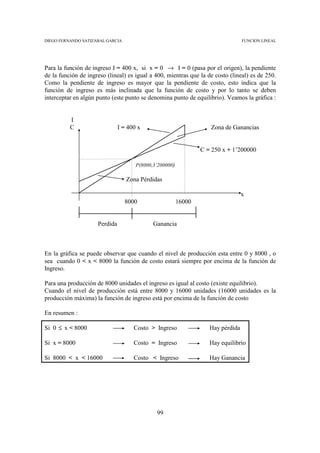 DIEGO FERNANDO SATIZABAL GARCIA                                                   FUNCION LINEAL




Para la función de ingreso I = 400 x, si x = 0 → I = 0 (pasa por el origen), la pendiente
de la función de ingreso (lineal) es igual a 400, mientras que la de costo (lineal) es de 250.
Como la pendiente de ingreso es mayor que la pendiente de costo, esto indica que la
función de ingreso es más inclinada que la función de costo y por lo tanto se deben
interceptar en algún punto (este punto se denomina punto de equilibrio). Veamos la gráfica :


          I
          C                    I = 400 x                            Zona de Ganancias


                                                                 C = 250 x + 1’200000

                                      P(8000,3’200000)

                                  Zona Pérdidas

                                                                                  x
                                  8000                   16000


                     Perdida                 Ganancia



En la gráfica se puede observar que cuando el nivel de producción esta entre 0 y 8000 , o
sea cuando 0 < x < 8000 la función de costo estará siempre por encima de la función de
Ingreso.

Para una producción de 8000 unidades el ingreso es igual al costo (existe equilibrio).
Cuando el nivel de producción está entre 8000 y 16000 unidades (16000 unidades es la
producción máxima) la función de ingreso está por encima de la función de costo

En resumen :

Si 0 ≤ x < 8000                      Costo > Ingreso                Hay pérdida

Si x = 8000                          Costo = Ingreso                Hay equilibrio

Si 8000 < x < 16000                  Costo < Ingreso                Hay Ganancia




                                              99
 