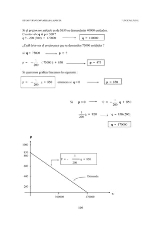 DIEGO FERNANDO SATIZABAL GARCIA                                                FUNCION LINEAL



Si el precio por artículo es de $650 se demandarán 40000 unidades.
Cuanto vale q si p = 300 ?
q = - 200 (300) + 170000                       q = 110000

¿Cuál debe ser el precio para que se demanden 75000 unidades ?

si q = 75000                 p = ?

              1
p =      −       ( 75000 ) + 850                        p = 475
             200

Si queremos graficar hacemos lo siguiente :

              1
p =      −       q + 850    entonces si q = 0                       p = 850
             200



                                                                           1
                                       Si       p=0               0 = −       q + 850
                                                                          200

                                                 1
                                                    q = 850            q = 850 (200)
                                                200

                                                                      q = 170000


      p

1000 -

 850 -
 800 -                                      1
                               P = -             q + 850
                                        200
 600 -


 400 -                                                 Demanda


 200 -

                                                                          q
                           100000                     170000


                                                109
 