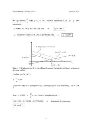 DIEGO FERNANDO SATIZABAL GARCIA                                                           FUNCION LINEAL




                      M
R/ Aquí tenemos         = 180 y Go = 150,           entonces reemplazando en              (*)       y   (**)
                      p
obtenemos :

 yE = 589.5 + 1.7467(150) + 0.87335(180)             →          yE = 1008.7


 iE = 0.736889 + 0.002183375(150) - 0.003908311(180)                   →         iE = 0.3609



                             i
                                    IS (Desplazada paralelamente)


                                                                    E2(1008.7 , 0.3609)

                                                                                                LM
              IS inicial

                                                                                                y
                           -0.9
                                                          E1(834 , 0.1425)

Nota : El desplazamiento de la curva IS paralelamente hacia arriba obedece a un aumento
del gasto público.

Con base en (*) y (**) :

      M
Si      = 180
      p

¿De cuánto debe ser el gasto público (Go) para lograr que el nivel de renta (yE) sea de 1500
?


                             M
Aquí yE = 1500        y        = 180. Entonces reemplazando en (*)
                             p

1500 = 589.5 + 1.7467Go + 0.87335 (180)            →       despejando Go obtenemos :

     Go = 431.27




                                                 151
 