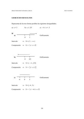 DIEGO FERNANDO SATIZABAL GARCIA                                         INECUACIONES




EJERCICIOS RESUELTOS


Representar de las tres formas posibles las siguientes desigualdades.

a) x > 3             b) x ≤ 2/3                  c) - 4 ≤ x < 5


R/
     a)                                          Gráficamente
                     0        3

Intervalo        ⇒ S = ( 3 , +∞)

Comprensión      ⇒       S = { x / x > 3}




     b)                                          Gráficamente
                     0       2/3

Intervalo        ⇒       S = ( − ∞ , 2/3]

Comprensión      ⇒ S =        { x / x ≤ 23 }



     c)                                          Gráficamente
            -4       0        5


Intervalo        ⇒ S = [ -4 , 5 )

Comprensión      ⇒       S = { x / −4 ≤ x < 5}




                                                   59
 