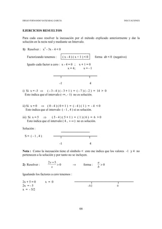 DIEGO FERNANDO SATIZABAL GARCIA                                                   INECUACIONES



EJERCICIOS RESUELTOS

Para cada caso resolver la inecuación por el método explicado anteriormente y dar la
solución en la recta real y mediante un Intervalo.

1) Resolver : x2 - 3x - 4 < 0

   Factorizando tenemos :         (x-4)(x+1)<0               forma ab < 0 (negativo)

   Igualo cada factor a cero : x - 4 = 0 ;    x+1=0
                                    x = 4;      x=-1



                             -1                        4

i) Si x = -3 ⇒ ( - 3 - 4 ) ( - 3 + 1 ) = ( - 7 ) ( - 2 ) = 14 > 0
  Esto indica que el intervalo (- ∞ , - 1) no es solución.


ii) Si x = 0 ⇒ ( 0 - 4 ) ( 0 + 1 ) = ( - 4 ) ( 1 ) = - 4 < 0
   Esto indica que el intervalo ( - 1 , 4 ) si es solución.

iii) Si x = 5 ⇒         (5-4)(5+1) = (1)(6) = 6 >0
    Esto indica que el intervalo ( 4 , + ∞ ) no es solución.

Solución :

 S= (-1,4)

                             -1                        4

Nota : Como la inecuación tiene el símbolo < esto me indica que los valores -1 y 4 no
pertenecen a la solución y por tanto no se incluyen.

                    2x + 5                                     a
2) Resolver :              >0             →        forma :       >0
                      x                                        b

Igualando los factores a cero tenemos :

2x + 5 = 0       x = 0
2x = - 5                                              -5/2                   0
x = - 5/2




                                              66
 