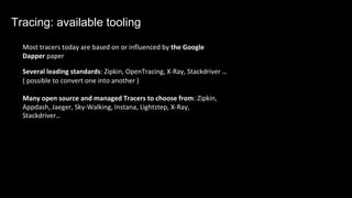 Several leading standards: Zipkin, OpenTracing, X-Ray, Stackdriver …
( possible to convert one into another )
Many open source and managed Tracers to choose from: Zipkin,
Appdash, Jaeger, Sky-Walking, Instana, Lightstep, X-Ray,
Stackdriver…
Tracing: available tooling
Most tracers today are based on or influenced by the Google
Dapper paper
 