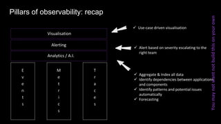 Pillars of observability: recap
E
v
e
n
t
s
M
e
t
r
i
c
s
T
r
a
c
e
s
Analytics / A.I.
Alerting
Visualisation
ü Alert based on severity escalating to the
right team
ü Aggregate & Index all data
ü Identify dependencies between applications
and components
ü Identify patterns and potential issues
automatically
ü Forecasting
ü Use-case driven visualisation
Youmaynotwantnotbuildthisonyourown
 