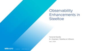 Confidential │ ©2020 VMware, Inc.
Observability
Enhancements in
Steeltoe
Hananiel Sarella
Sr. Engineer / Steeltoe at VMware
Sep 2, 2020
 