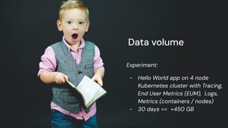 chronosphere.io
Data volume
Experiment:
- Hello World app on 4 node
Kubernetes cluster with Tracing,
End User Metrics (EUM), Logs,
Metrics (containers / nodes)
- 30 days == +450 GB
 