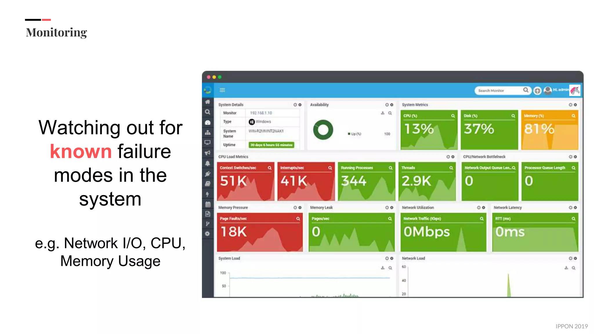 IPPON 2019
Monitoring
Watching out for
known failure
modes in the
system
e.g. Network I/O, CPU,
Memory Usage
 