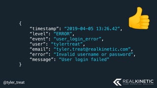 @tyler_treat
{
“timestamp”: “2019-04-05 13:26.42”,
“level”: “ERROR”,
“event”: “user_login_error”,
“user”: “tylertreat”,
“e...