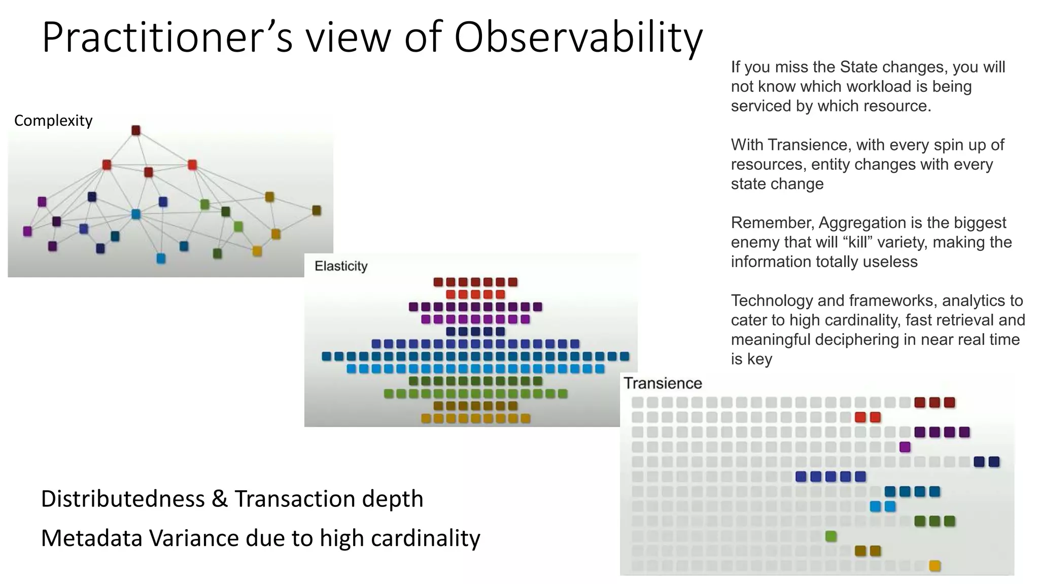 Practitioner’s view of Observability If you miss the State changes, you will
not know which workload is being
serviced by which resource.
With Transience, with every spin up of
resources, entity changes with every
state change
Remember, Aggregation is the biggest
enemy that will “kill” variety, making the
information totally useless
Technology and frameworks, analytics to
cater to high cardinality, fast retrieval and
meaningful deciphering in near real time
is key
Complexity
Metadata Variance due to high cardinality
Distributedness & Transaction depth
 