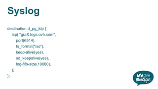 Syslog
destination d_pg_ldp {
tcp( "graX.logs.ovh.com",
port(6514),
ts_format("iso"),
keep-alive(yes),
so_keepalive(yes),
log-fifo-size(10000),
);
};
 