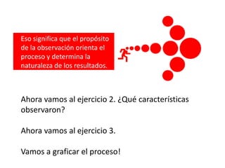 Ahora vamos al ejercicio 2. ¿Qué características
observaron?
Ahora vamos al ejercicio 3.
Vamos a graficar el proceso!
Eso significa que el propósito
de la observación orienta el
proceso y determina la
naturaleza de los resultados.
 