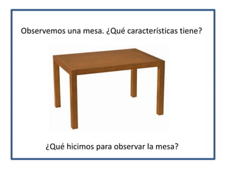 Observemos una mesa. ¿Qué características tiene?
¿Qué hicimos para observar la mesa?
 