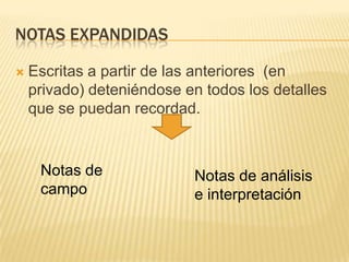 NOTAS EXPANDIDAS
 Escritas a partir de las anteriores (en
privado) deteniéndose en todos los detalles
que se puedan recordad.
Notas de
campo
Notas de análisis
e interpretación
 