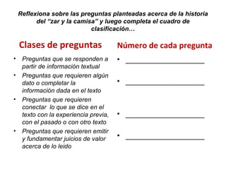 Reflexiona sobre las preguntas planteadas acerca de la historia
del “zar y la camisa” y luego completa el cuadro de
clasificación…
Clases de preguntas
• Preguntas que se responden a
partir de información textual
• Preguntas que requieren algún
dato o completar la
información dada en el texto
• Preguntas que requieren
conectar lo que se dice en el
texto con la experiencia previa,
con el pasado o con otro texto
• Preguntas que requieren emitir
y fundamentar juicios de valor
acerca de lo leido
Número de cada pregunta
• _____________________
• _____________________
• _____________________
• _____________________
 