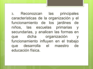 3. Reconozcan las principales
características de la organización y el
funcionamiento de los jardines de
niños, las escuelas primarias y
secundarias, y analicen las formas en
que dicha organización y
funcionamiento influyen en el trabajo
que desarrolla el maestro de
educación física.
 
