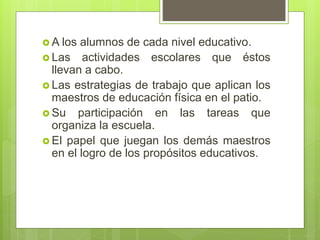  A los alumnos de cada nivel educativo.
 Las actividades escolares que éstos
llevan a cabo.
 Las estrategias de trabajo que aplican los
maestros de educación física en el patio.
 Su participación en las tareas que
organiza la escuela.
 El papel que juegan los demás maestros
en el logro de los propósitos educativos.
 